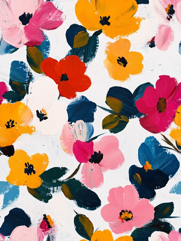 Here's a description of the image:

The image is a vibrant, abstract floral pattern painted in a bold, expressive style.  A variety of flower shapes and colors dominate, including bright pinks, oranges, reds, and yellows, set against a creamy white background. The brushstrokes are visible and textured, giving a sense of energy and movement.  Dark teal and olive green leaves are interspersed amongst the blossoms, adding depth and contrast to the overall composition.  The effect is a cheerful and lively floral print, ideal for fabric or wallpaper.