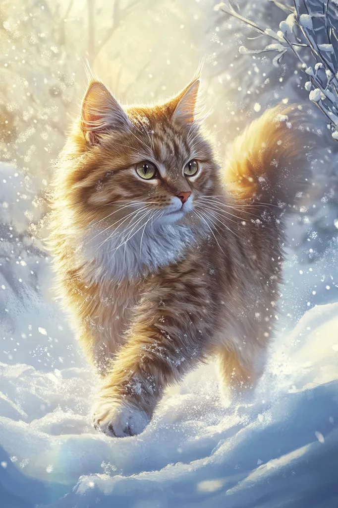 A long-haired ginger cat gracefully walks through a snowy landscape.  The cat's fur is highlighted by the soft sunlight filtering through the trees, and snowflakes gently fall around it. The scene is serene and wintery, emphasizing the cat's beauty and the peaceful atmosphere.  Its expression is alert and curious as it moves through the pristine snow.
