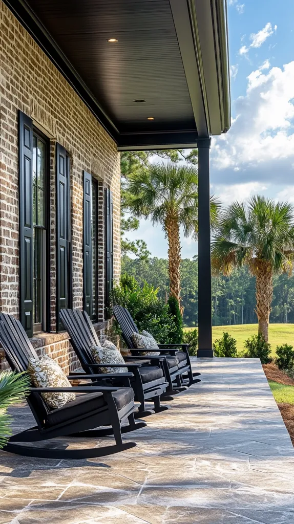 Here's a description of the image:

The photo shows a spacious porch extending from a brick house.  Black rocking chairs with patterned cushions are arranged on a large, light-grey flagstone patio.  The house is made of light brown brick with dark shutters on the windows.  A dark-stained, covered porch ceiling offers shade. Tall palm trees and lush greenery frame a distant, sunny golf course or field.  The overall impression is one of relaxed, Southern elegance.