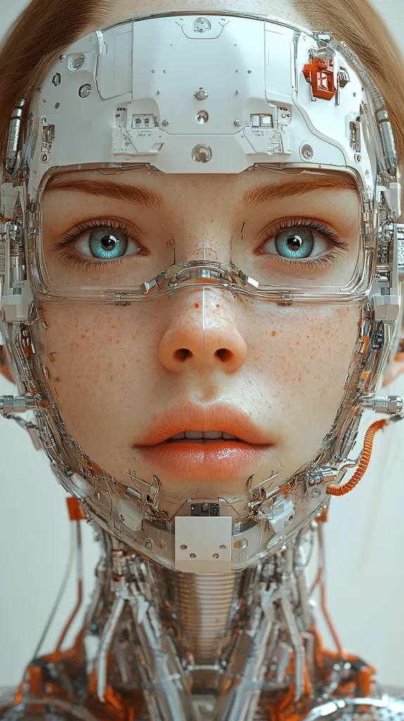 The image shows a close-up of a young woman's face, partially integrated with intricate, metallic robotic components.  A transparent visor covers her eyes, and the mechanical elements extend to her neck and beyond.  Her face retains human features, notably freckles and expressive eyes, creating a striking contrast with the cold, technological additions.  The overall aesthetic is a blend of organic beauty and futuristic cybernetics. The colors are muted, emphasizing the detail of the mechanical work.