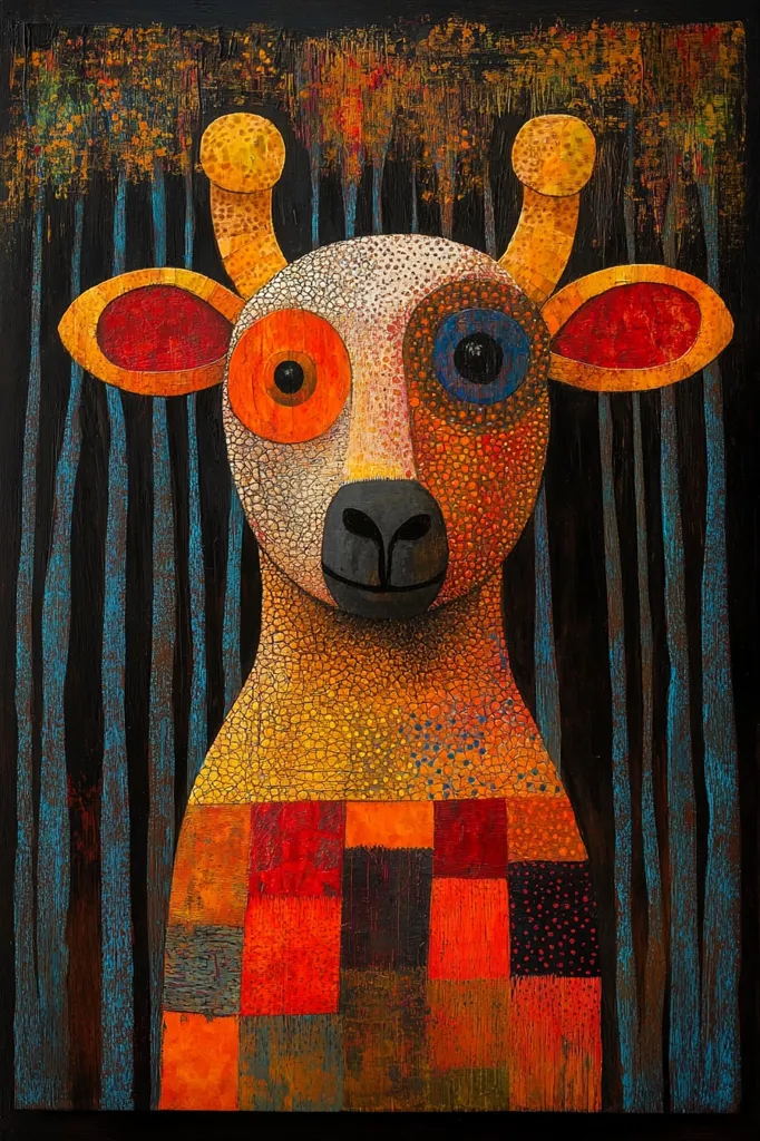 The painting showcases a stylized animal, possibly a calf or young giraffe, rendered in a vibrant, textured style. Its face features mismatched, large, expressive eyes in shades of orange and blue, contrasting with its textured, mottled body in yellows and oranges.  The animal is depicted against a dark background featuring vertical teal and black stripes suggestive of a forest.  The lower body is adorned with a patchwork of squares in deep reds and oranges, adding to the piece's eclectic and playful aesthetic. The overall effect is bold, expressive, and slightly whimsical.