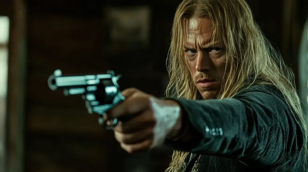 A man with long blonde hair, intensely focused, aims a revolver directly at the viewer.  He's dressed in dark clothing, suggesting a western or period setting. The dimly lit background emphasizes the man and the weapon, creating a dramatic and threatening atmosphere.  His expression is serious, conveying a sense of danger and imminent action.