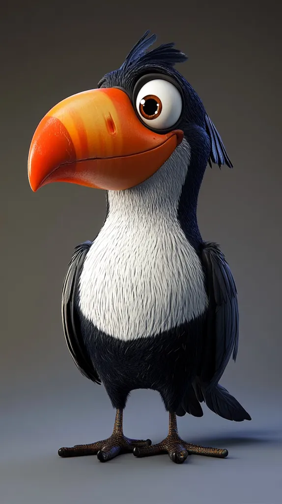 Here's a description of the image:

The image shows a charming, cartoon-rendered toucan.  Its large, vibrant orange beak features yellow and orange stripes. The toucan's body is predominantly black with a striking white chest,  all rendered with a textured, fluffy look.  Large, expressive eyes and a slight smile give the bird a friendly and playful demeanor. The toucan stands on two strong, clawed feet, against a neutral gray background.  The overall style is 3D-animated, with a focus on realistic texturing despite the cartoonish proportions.