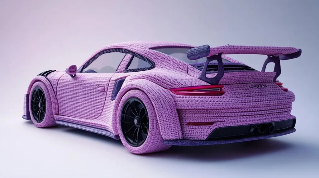 Here's a description of the image:

The image shows a meticulously crafted model of a Porsche 911 GT3 RS, entirely covered in a knitted, light purple yarn. The detail is remarkable, replicating the car's curves, spoiler, and even the wheels, albeit with the same yarn texture. The yarn appears soft and fluffy, creating a striking contrast to the typically sleek and metallic appearance of a sports car. The background is a plain, light purple, which accentuates the model's unique texture and color. The overall impression is one of whimsical artistry, blending high-performance automotive design with the softness of hand-knitted fabric.