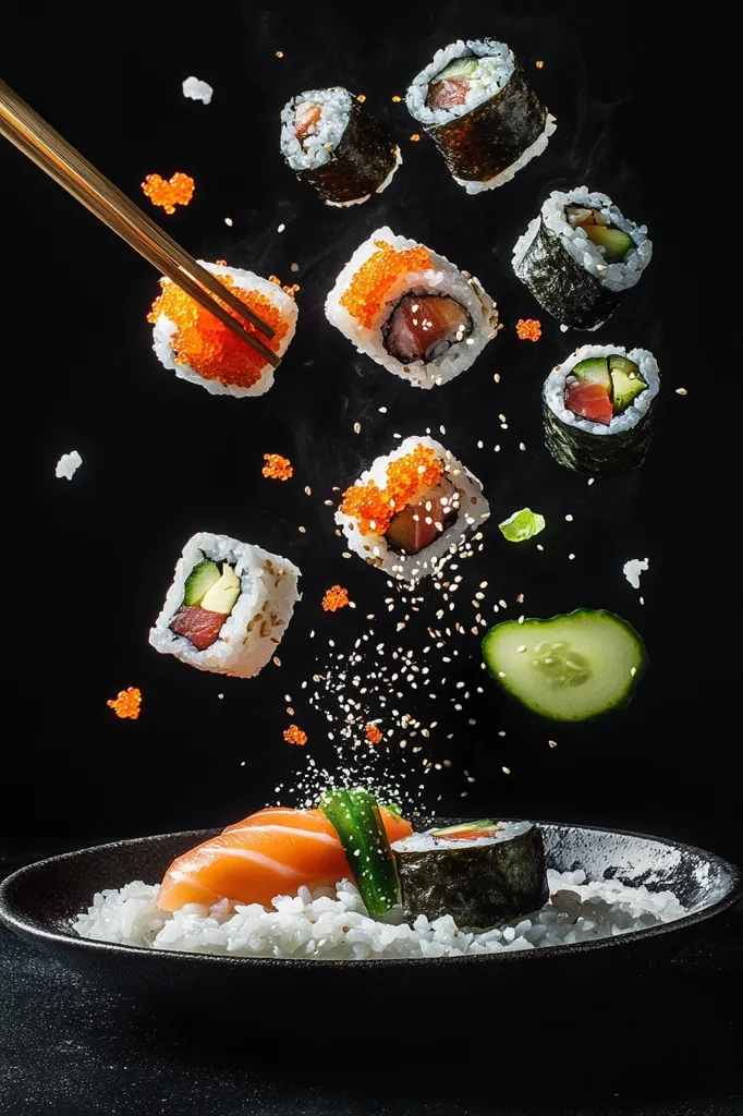 A dynamic image showcases various types of sushi in mid-air, seemingly frozen in time.  Gold chopsticks grasp a piece of bright orange tobiko sushi. Other pieces, including maki rolls with avocado and salmon, and nigiri with various toppings, float against a black background.  A scattering of sesame seeds adds texture.  Below, a bowl awaits, filled with rice, a salmon fillet, and a final sushi roll, completing the visually stunning and appetizing scene.
