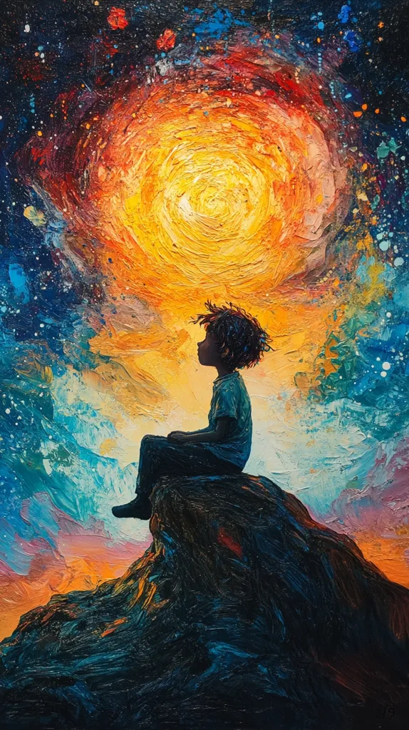 Here is a description of the image:

The painting depicts a young child, silhouetted in profile, seated on a dark, textured rock formation. The child gazes upward at a vibrant, swirling celestial scene. The sky is a captivating blend of blues, oranges, and yellows, resembling a nebula or galaxy with a central, luminous sun-like orb. The artist's impasto technique creates a thick, textured feel, particularly noticeable in the celestial elements and the child's clothing. The overall mood is one of wonder and contemplation, as the child seems lost in the beauty of the cosmos above.  The contrast between the dark figure and bright background emphasizes the child's smallness against the vastness of space.