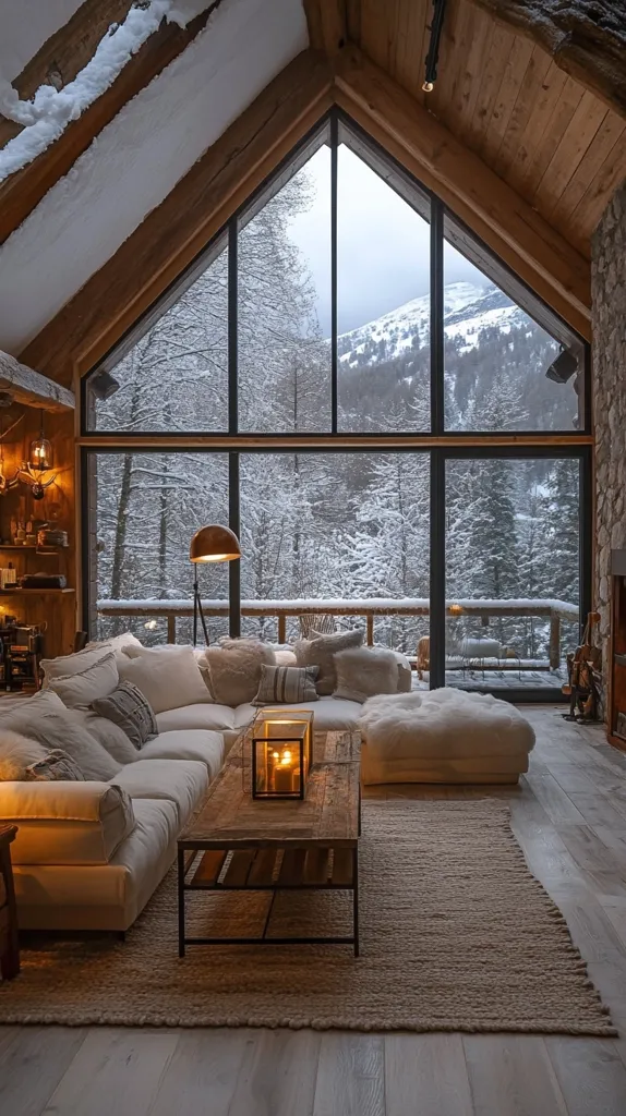 A cozy living room with a stunning view.  Large windows dominate one wall, showcasing a snow-covered mountain landscape.  A plush, off-white sectional sofa sits in front of the windows, complemented by a rustic wooden coffee table and a warm, neutral-toned rug.  The room features exposed wooden beams and a stone fireplace, creating a rustic-chic ambiance.  Candlelight adds to the inviting atmosphere.