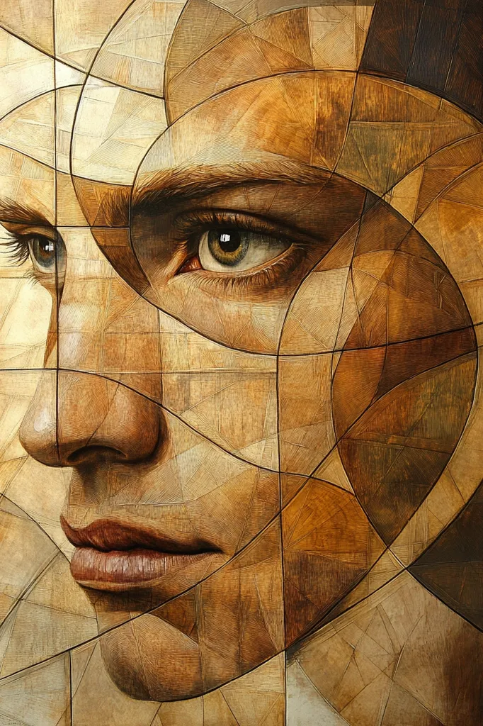 Here's a description of the image:

The artwork is a close-up portrait of a woman's face, rendered in a cubist style. The face is fragmented into numerous geometric shapes, primarily in warm, earthy tones of brown and beige, reminiscent of wood grain or layered paint. The artist uses lines and shading to create depth and texture within each segment. The woman's expression is serious, almost melancholic, emphasized by the direct gaze of her eye. The overall effect is one of both beauty and mystery, with the cubist technique adding a layer of complexity and intrigue to the emotional portrayal.