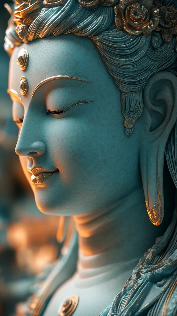 Close-up view of a serene, teal-colored statue, possibly depicting a Buddhist deity.  The statue features intricate detailing, including a gold-accented crown, earrings, and markings on the forehead. The expression is peaceful, with eyes gently closed. The soft lighting accentuates the texture and highlights the gold embellishments, creating a sense of calmness and spiritual significance. The image focuses on the face and upper body, leaving the lower portion slightly out of focus.