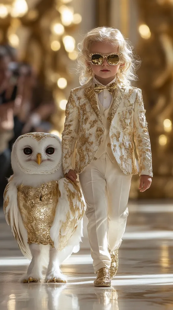 A young child, fashionably dressed in a gold-embellished white suit and sunglasses, walks down a runway.  The child's outfit is strikingly coordinated with a similarly adorned owl, which is positioned beside them.  The opulent setting suggests a high-fashion event, with the overall aesthetic combining elegance and whimsical charm.  The child confidently strides,  making a memorable fashion statement.