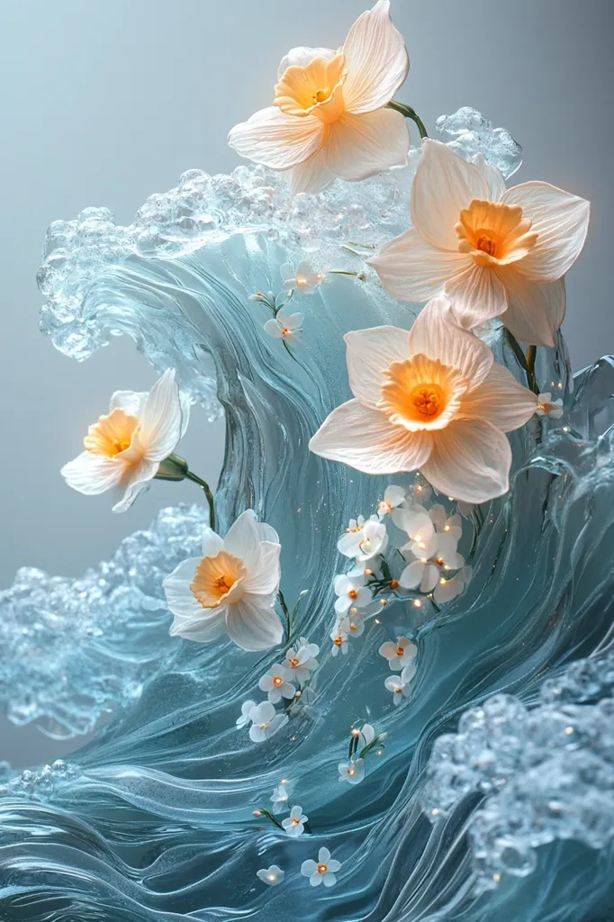 Here is a description of the image:

The image showcases a breathtaking artistic composition.  Delicate, light orange daffodils, seemingly crafted from paper or a similar material, are artfully arranged within a sculpted, translucent wave of teal glass or resin. Smaller white flowers, possibly also fabricated, are scattered throughout the wave, adding to the ethereal quality. The contrast between the warm tones of the daffodils and the cool blue of the wave creates a captivating visual harmony. The overall effect is one of serene beauty and delicate artistry, suggesting a theme of nature's fragility and power.