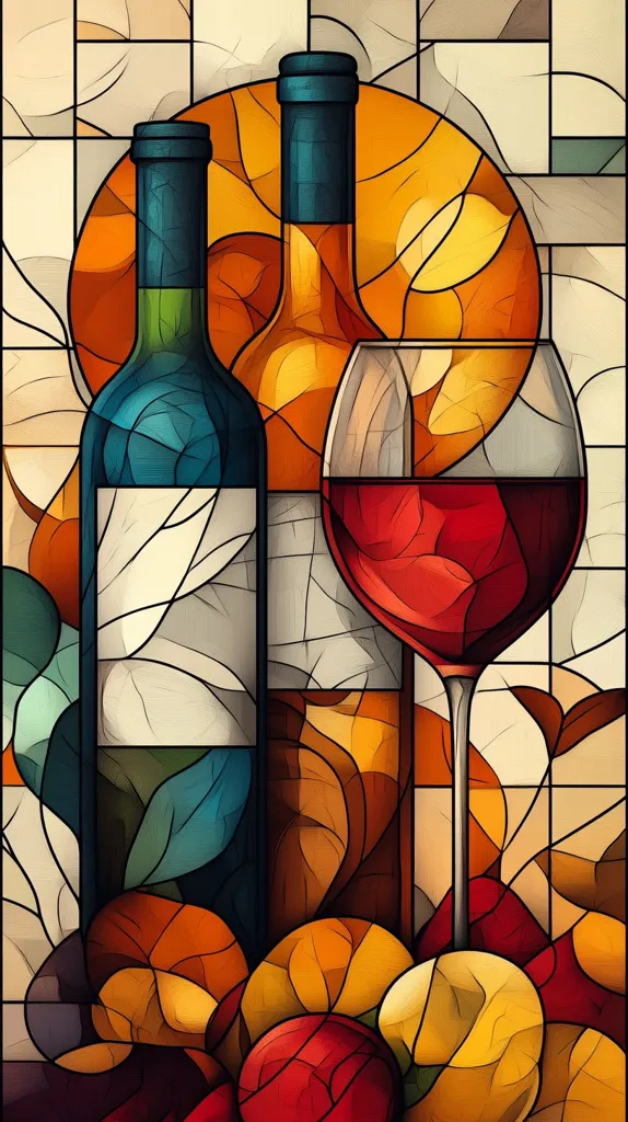 Here's a description of the image:

The image is a stylized still life, reminiscent of stained glass, featuring two wine bottles and a glass of red wine. The bottles, one teal and one amber, stand against a background of warm, orange and yellow hues, suggesting a setting sun. The red wine in the glass is richly colored and detailed. The overall style is painterly, with bold outlines and areas of textured color creating a sense of depth. The composition is balanced, with the objects arranged around a central point.  Fruits in autumnal tones are arranged at the base, completing the still life.