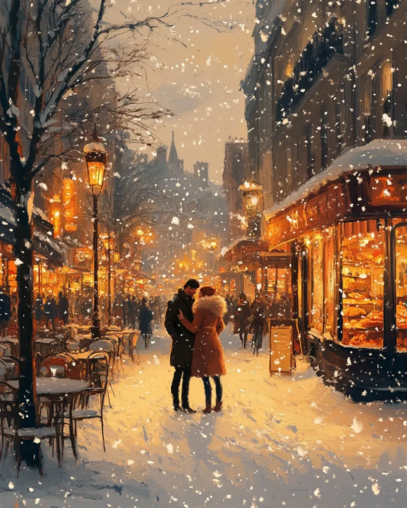 A romantic winter scene unfolds on a snow-dusted Parisian street. A couple, embraced warmly, stands in the center, their coats a contrast to the warm glow emanating from nearby shops and cafes.  Snow gently falls, illuminating the charming architecture and creating a cozy atmosphere.  The street is lined with outdoor seating, adding to the picturesque ambiance of this idyllic moment.  The overall painting style is impressionistic, emphasizing light and texture.
