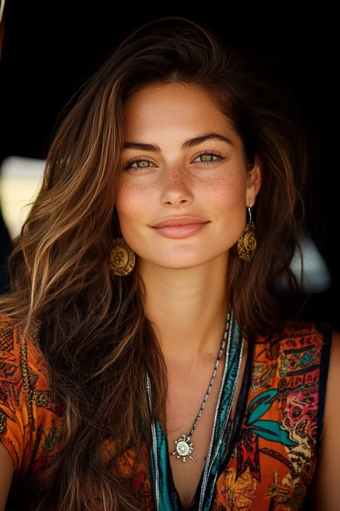A young woman with long, wavy brown hair and light skin is captured in a close-up shot.  Her green eyes and light freckles are prominent features, and she wears gold hoop earrings and a layered necklace with a sun-shaped pendant. She is dressed in a vibrant orange and teal patterned top, creating a bohemian aesthetic. The background is dark and out of focus, drawing attention to her face and the details of her attire. Her expression is soft and inviting, creating a serene and attractive image.