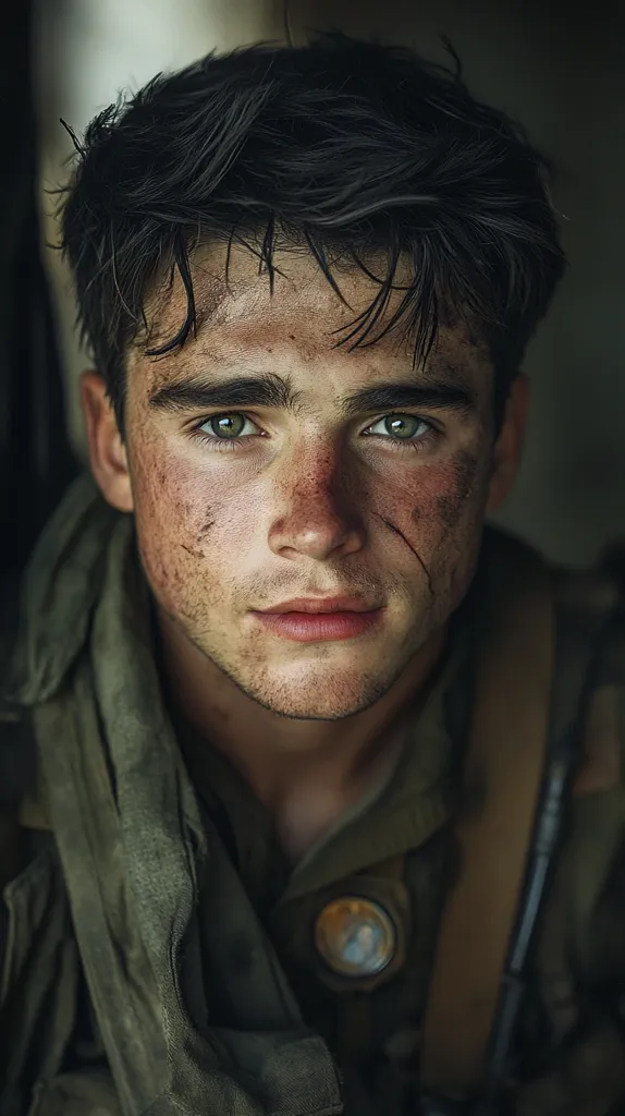 Close-up portrait of a young man, possibly a soldier, with dirt and grime smeared across his face.  His dark hair is damp and messy, framing a serious expression.  He wears a worn olive-green military uniform with a scarf draped around his neck and a strap across his shoulder, suggesting a combat setting.  His green eyes are intense, and his overall appearance conveys weariness and experience.  The dark background accentuates the dirt on his face and the severity of his look.