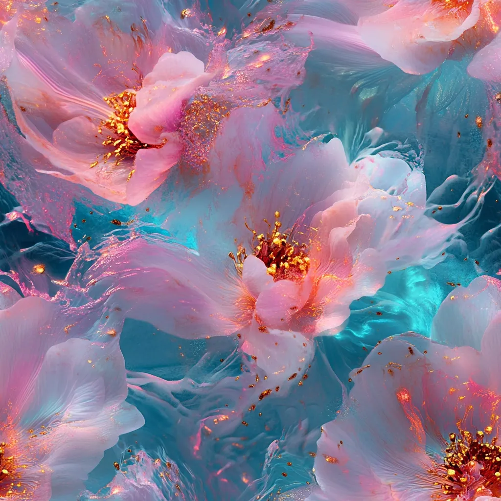 This image is an abstract floral artwork.  Delicate, translucent pink blossoms, accented with gold flecks, appear to float in a swirling teal liquid.  The flowers are rendered with a soft, ethereal quality, their petals seemingly melting and flowing together. The overall effect is dreamlike and luxurious, creating a sense of both fragility and opulence.  The gold adds a touch of sparkle and magic to the scene.