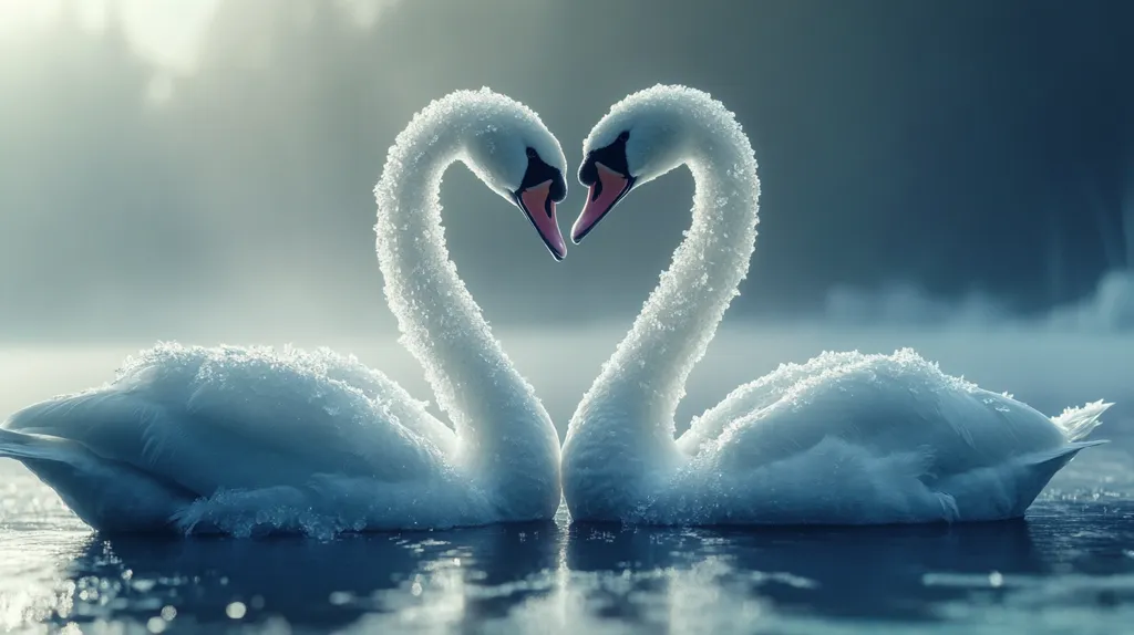 Two majestic swans, their feathers dusted with a delicate layer of snow, create a heart shape with their elegant necks on a tranquil frozen lake. The serene scene is bathed in soft, ethereal light, enhancing the romantic ambiance.  A misty background suggests a cold, winter morning. The swans' beaks gently touch, symbolizing love and devotion. The overall image is one of breathtaking beauty and peaceful serenity.
