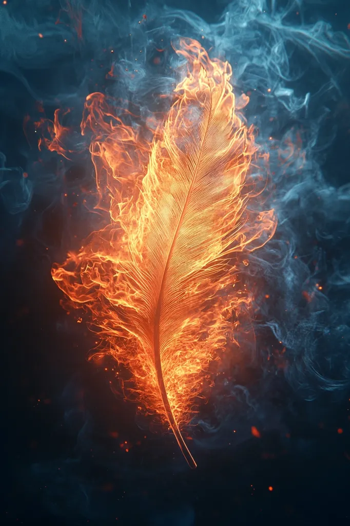 Here's a description of the image:

The image is a dramatic digital artwork depicting a single feather engulfed in vibrant, fiery flames. The orange and yellow flames vividly outline the feather's structure, contrasting against a backdrop of swirling blue-grey smoke.  The overall effect is one of intense energy and ethereal beauty, possibly symbolizing passion, creativity, or destruction. The dark background emphasizes the fiery feather, making it the focal point of the composition.  Small embers and sparks are scattered around the feather, adding to the fiery spectacle.