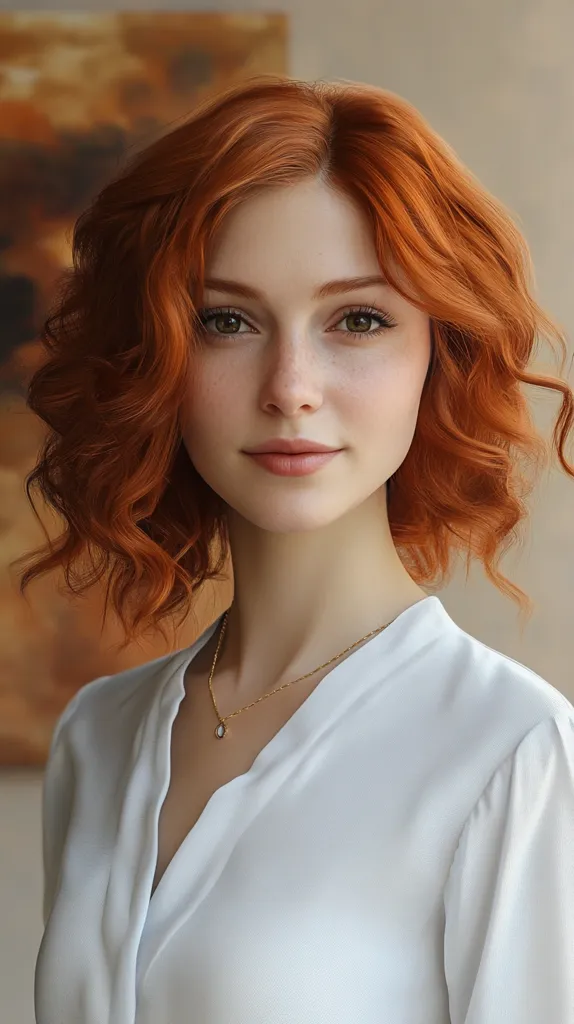 Here's a description of the image:

Close-up portrait of a young woman with vibrant, curly ginger hair styled into a shoulder-length bob. Her fair skin is complemented by freckles, and she has striking green eyes.  She wears a simple, elegant white blouse with a V-neck and a delicate gold necklace featuring a small pendant.  The background is blurred, with a hint of an abstract painting visible. The overall impression is one of beauty and serenity.  The image appears digitally enhanced or generated.