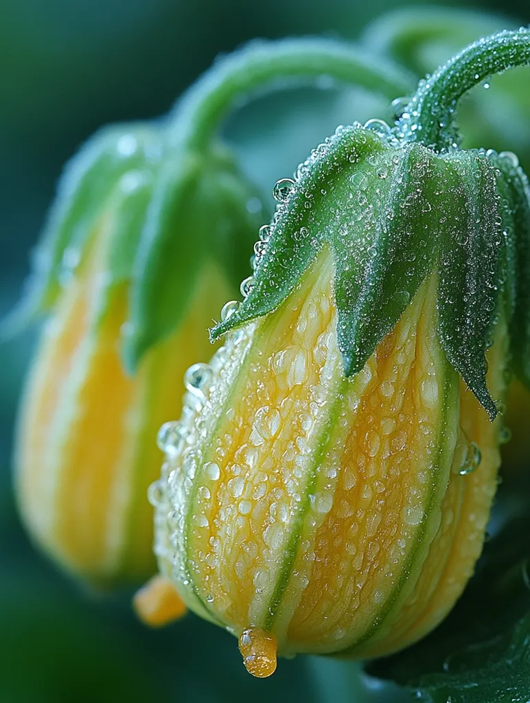 Close-up view of young zucchini blossoms covered in glistening dewdrops.  The blossoms are pale yellow and green, with the water droplets clinging to their delicate petals and stems.  The background is blurred, focusing attention on the vibrant texture and detail of the water-laden flowers. The image evokes a feeling of freshness and natural beauty.