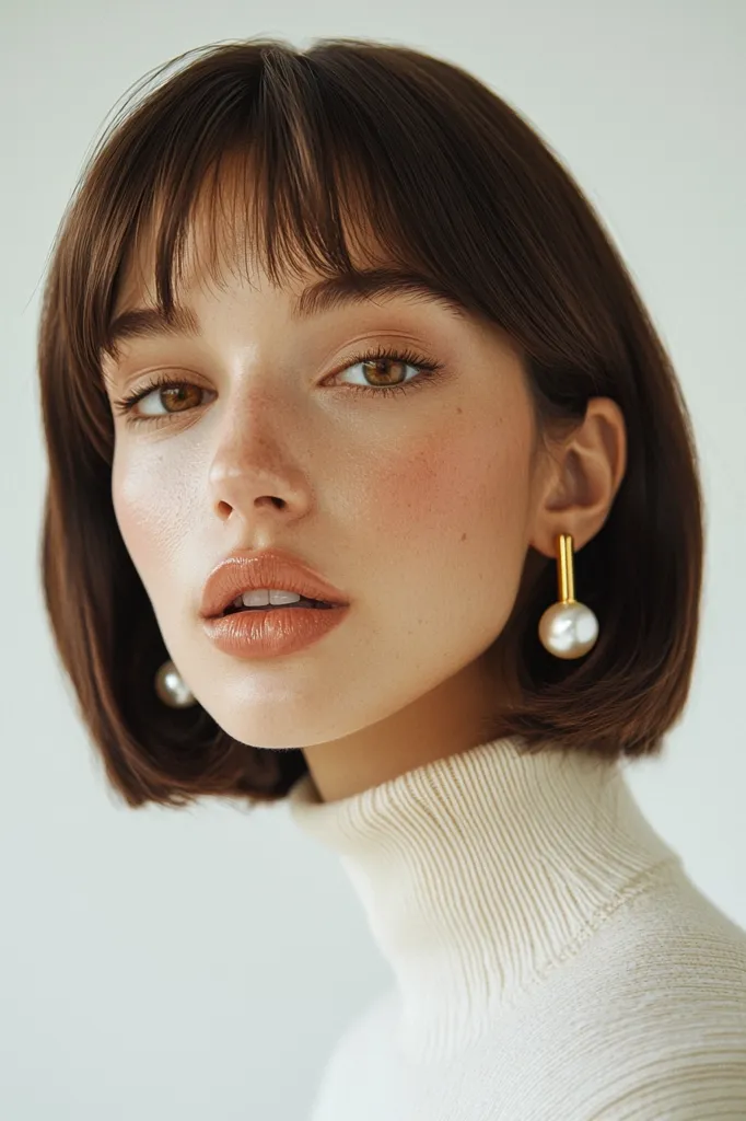 Close-up portrait of a young woman with a blunt bob haircut and straight bangs.  Her makeup is subtly done, emphasizing her eyes and cheeks with a peachy tone.  She wears a cream-colored turtleneck sweater and gold and pearl drop earrings. The overall aesthetic is clean, minimalist, and sophisticated. The soft lighting enhances her features and creates a calming atmosphere.