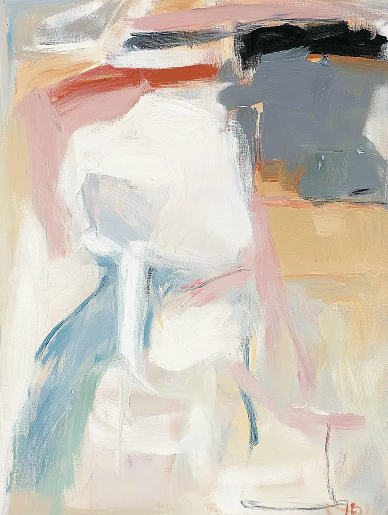 The abstract painting showcases a blend of muted pastel colors, primarily whites, pale pinks, and soft blues.  Brushstrokes are visible, some broad and sweeping, others more delicate and precise, creating a sense of movement and depth.  Shapes are undefined, allowing for a free interpretation of forms.  A darker grey and black section contrasts the lighter tones, adding visual weight to the composition. The overall effect is one of serene yet energetic abstraction.