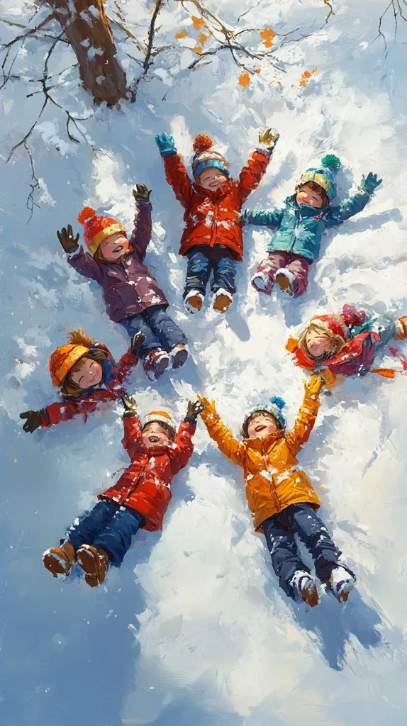 Seven children, bundled in vibrant winter coats and hats, lie in the snow making snow angels.  Their arms and legs are spread wide, creating symmetrical shapes in the pristine white snow.  The scene is set in a snowy woodland, with the branches of a leafless tree visible above. The bright sunlight casts shadows on the snow, adding depth to the joyful winter tableau.  The overall impression is one of playful childhood fun and winter's beauty.