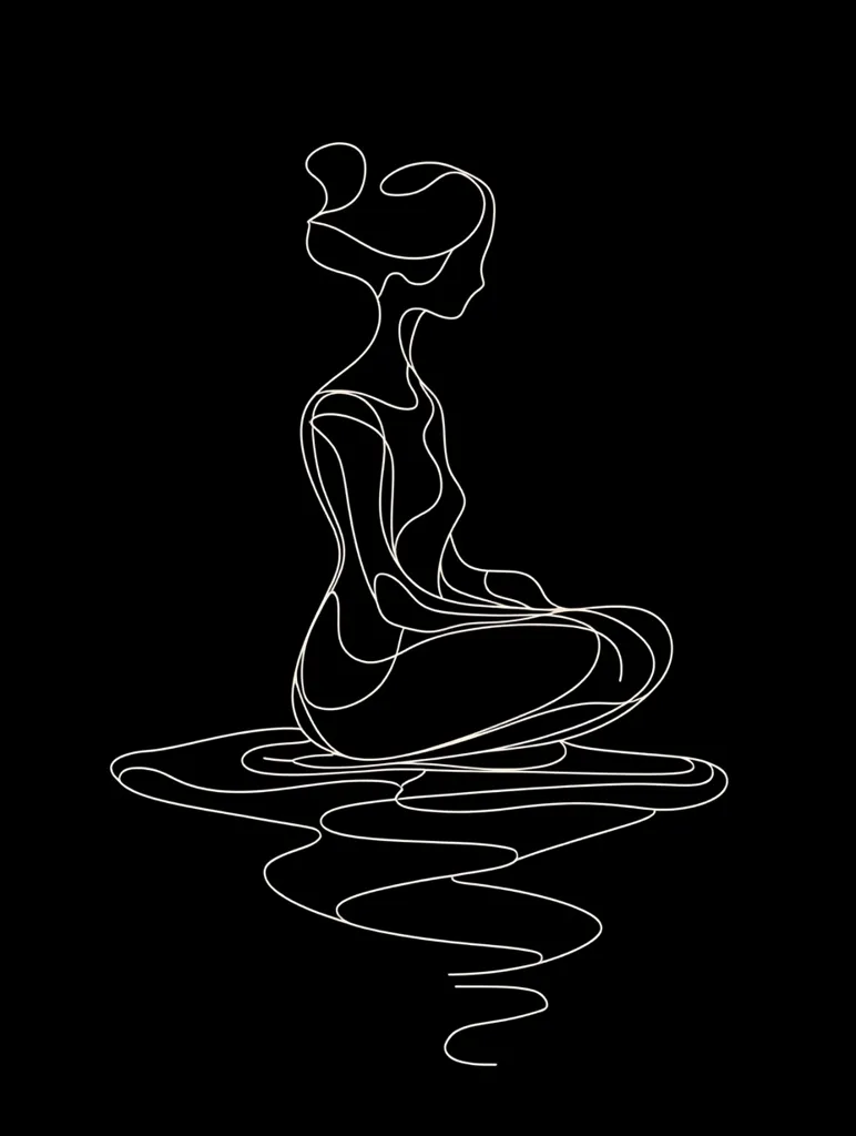 Here's a description of the image:

The image is a minimalist line drawing on a black background. It depicts a woman, rendered in a single continuous white line, sitting in a cross-legged position. Her hair is styled in an updo, and she is wearing a form-fitting garment.  The lines are fluid and abstract, suggesting movement and grace. She appears to be seated on a stylized, cloud-like form that extends downward in swirling lines, creating a sense of ethereal tranquility. The overall style is elegant and suggestive rather than representational.