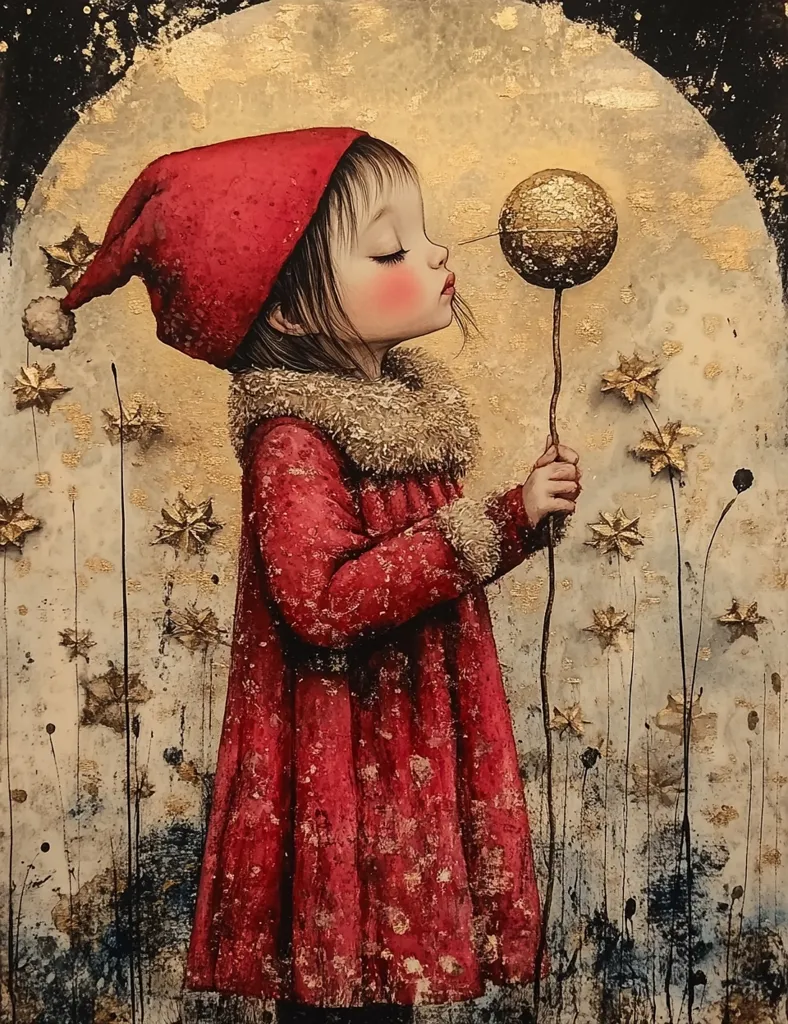 A whimsical painting depicts a young girl, dressed in a red hooded coat with faux fur trim, gently holding a golden orb atop a slender stem.  Her eyes are closed, suggesting a peaceful moment. The background is a textured blend of muted tones and gold accents, featuring stylized, star-like flora. The overall style is reminiscent of fantasy illustration, with a slightly melancholic yet magical atmosphere.  The girl’s expression is serene and delicate, enhancing the dreamy quality of the artwork.