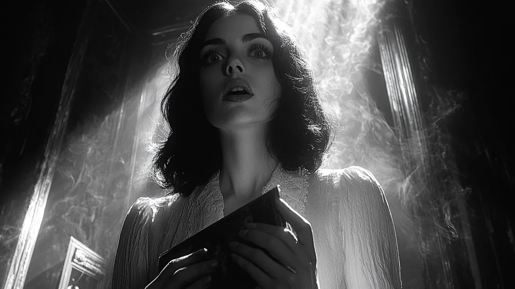 Here is a description of the image:

The black and white photograph captures a woman with dark, wavy hair, her face illuminated by a dramatic spotlight. Her expression is one of shock or fear, her eyes wide and mouth slightly open. She's wearing a light-colored, possibly lace-trimmed robe, and her hands clutch an object, possibly a book or box, close to her chest. The background is dark and smoky, with hints of an ornate, possibly antique, interior. The overall mood is mysterious and suspenseful, evoking a film noir aesthetic. The contrast between light and shadow adds to the image's dramatic effect.