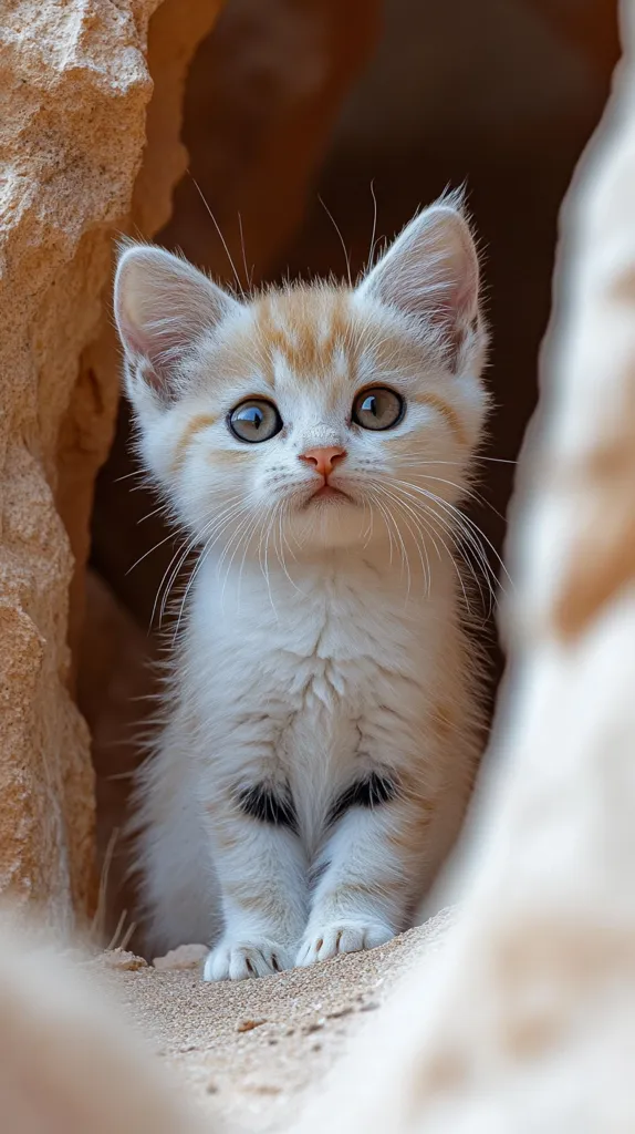 A fluffy white kitten with ginger markings on its head and ears sits nestled within a sandy crevice.  Its large, expressive green eyes gaze directly at the camera, giving the image a sense of intimacy. The kitten's soft fur contrasts beautifully with the warm tones of the sandstone surrounding it. The shallow depth of field keeps the focus firmly on the kitten, enhancing its adorable features.  The overall feeling is one of warmth, curiosity, and gentle beauty.