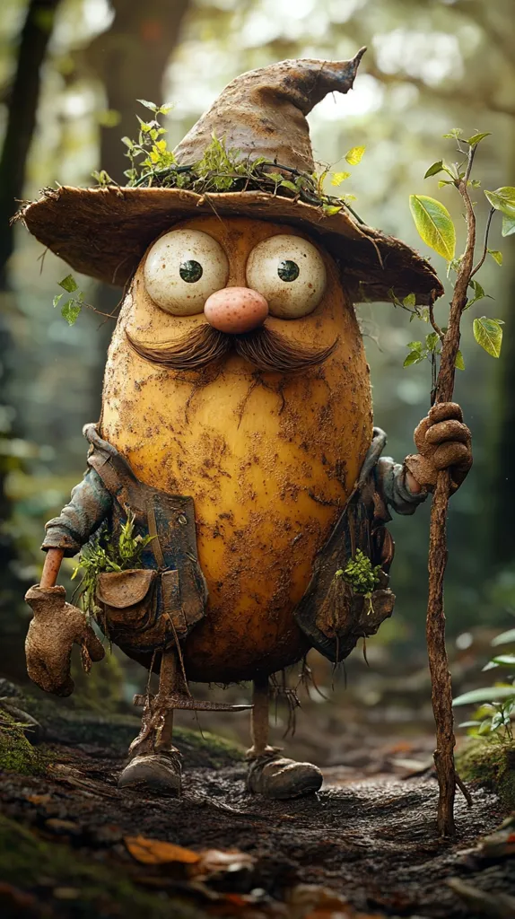 A whimsical 3D rendering depicts a potato-like character, seemingly a wizard, traversing a muddy forest path.  The character sports a moss-covered, pointed hat, large expressive eyes, a handlebar mustache, and dirt-caked clothing.  He carries a walking stick and small pouches, adding to his earthy, whimsical appearance.  The overall mood is playful and fantastical, with detailed textures emphasizing the character's integration with the natural environment.