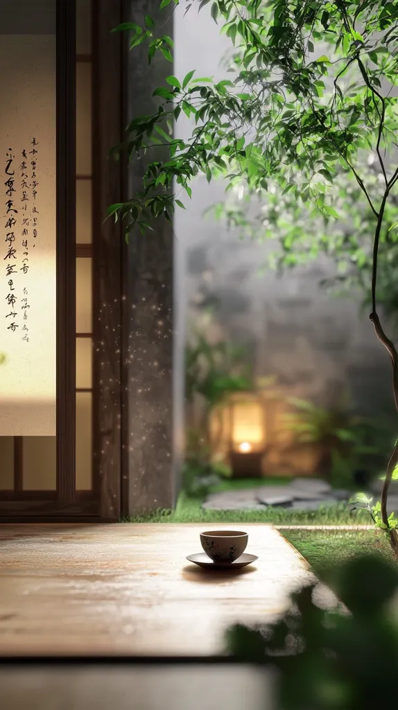 Here's a description of the image:

The image depicts a serene, minimalist scene, seemingly from a Japanese-inspired garden. A small, speckled teacup rests on a wooden deck, bathed in soft, warm light.  A verdant tree with lush green leaves partially frames the view, creating a sense of seclusion.  In the background, a blurred, ambient light suggests a lantern or other warm light source within a stone-walled enclosure. A shoji screen and a hanging scroll with Asian calligraphy are visible to the left, adding to the tranquil atmosphere.  Dust motes drift in the air, adding a magical, ethereal quality to the scene.  The overall impression is one of peacefulness and contemplation.
