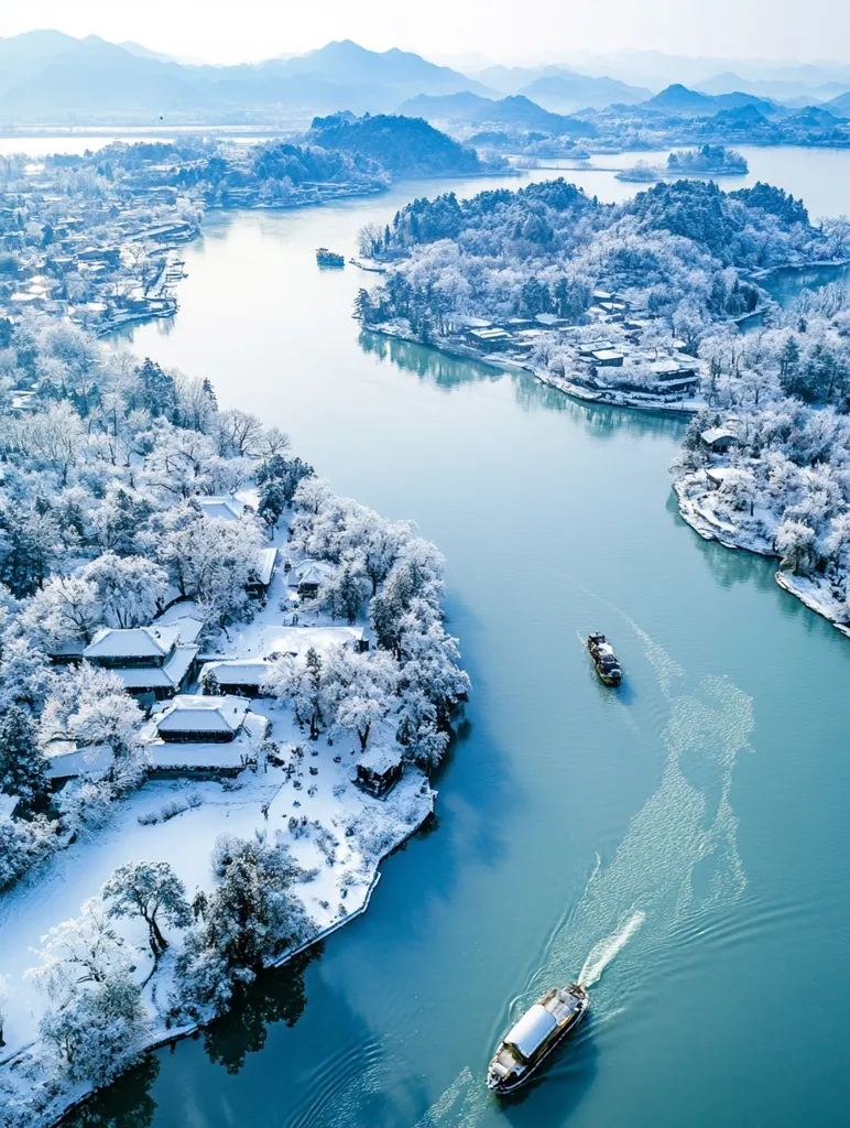 Here's a description of the image:

An aerial shot captures a breathtaking winter scene. A serene river winds through a snow-covered landscape, its banks lined with traditional buildings nestled amongst snow-laden trees.  The architecture appears to be Chinese in style.  Two small boats traverse the calm, icy-blue water.  Distant, snow-dusted mountains form a picturesque backdrop, completing this tranquil and beautiful winter wonderland.
