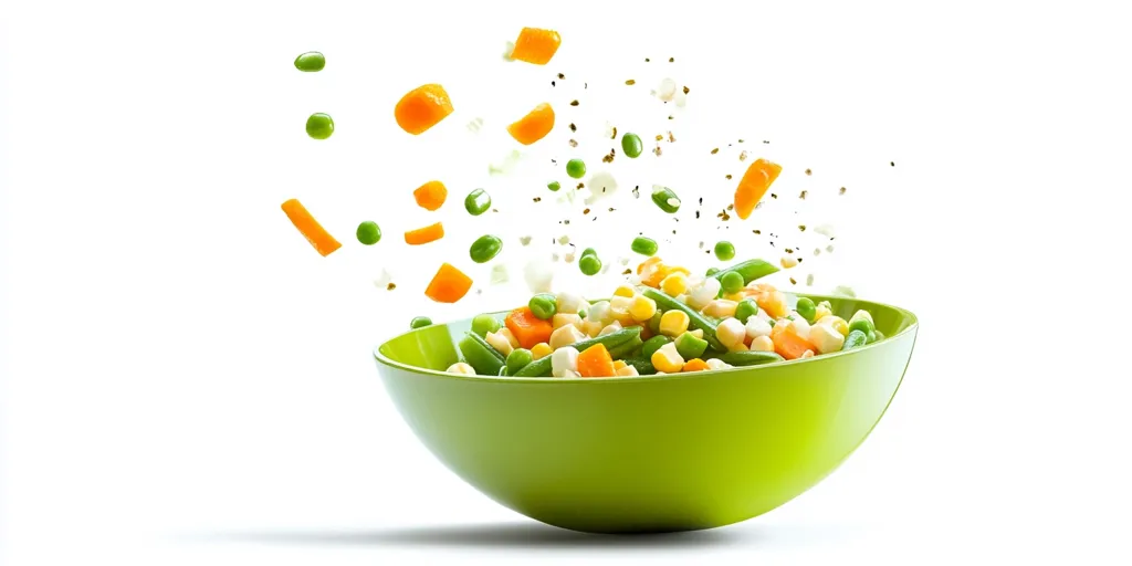 A vibrant green bowl is filled with a medley of mixed vegetables.  Pieces of carrots, peas, green beans, and corn are visible, with more pieces, along with seasonings, suspended mid-air as if just tossed into the bowl. The bright colors and dynamic motion create a fresh and healthy image, suggesting a lively and delicious vegetable dish.  The background is pure white, emphasizing the colorful vegetables.