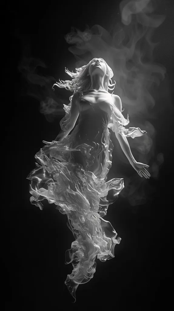 Here is a description of the image:

The monochromatic image showcases a woman, seemingly sculpted from light or smoke, ascending in a flowing, diaphanous gown. Her head is tilted back, her eyes closed, suggesting serenity or transcendence.  The dress billows dramatically around her, resembling liquid or ethereal fabric, merging seamlessly with the smoky background.  The overall effect is one of otherworldly grace and ethereal beauty, possibly representing a spiritual ascent or dreamlike state. The dark background contrasts starkly with the light figure, highlighting its delicate form.