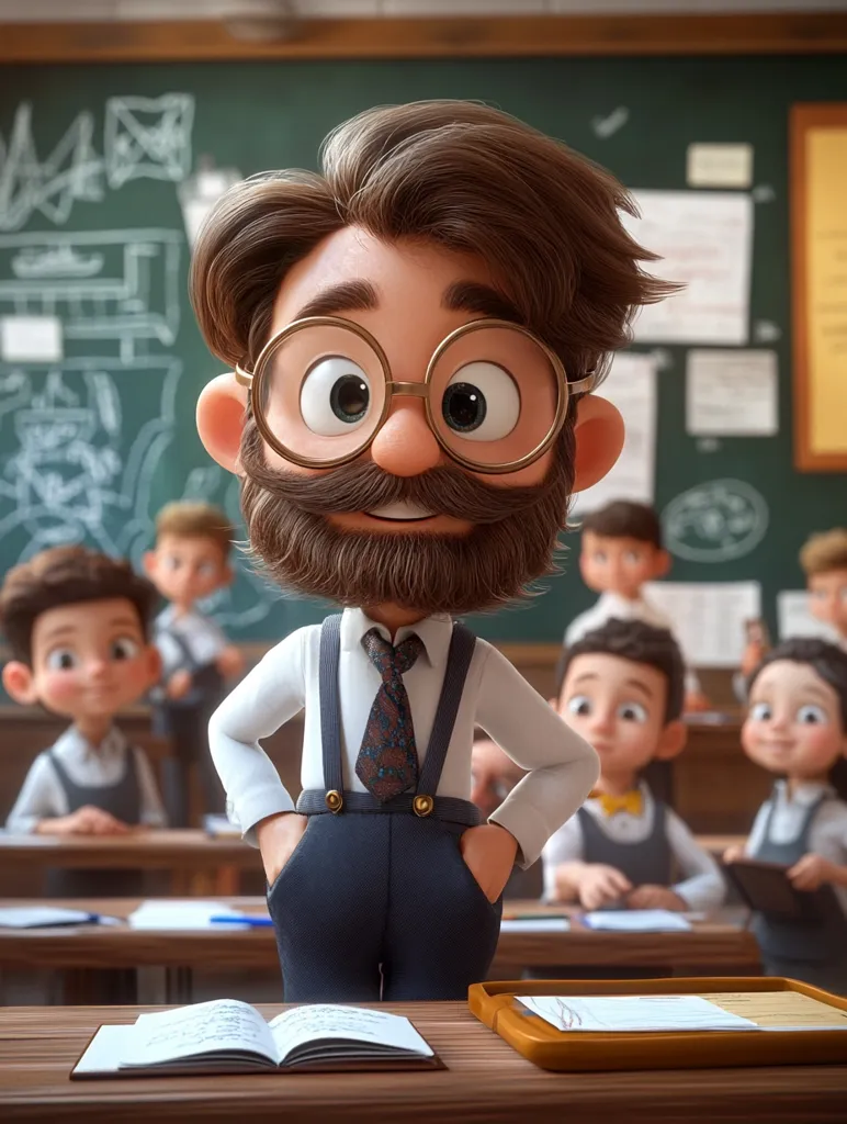 A charming cartoon teacher, with bushy brown hair, round glasses, and a neatly trimmed beard, stands proudly in a classroom.  He's dressed in a crisp white shirt, dark pants, suspenders, and a patterned tie, hands resting confidently in his pockets.  Blurred in the background are several students seated at desks, engrossed in their studies, highlighting the teacher's central position and authority.  An open notebook and a writing tablet sit on the desk in front of him.  The scene is brightly lit and conveys a sense of cheerful learning.