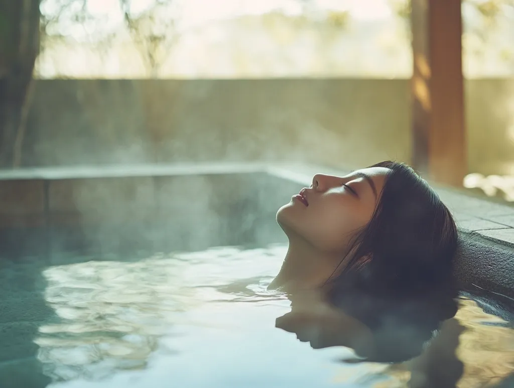 Here's a description of the image:

A young woman with long dark hair lies submerged in a steaming hot spring, her head resting on the edge of the stone basin.  Her eyes are closed, and her face is relaxed, suggesting serenity and peace.  The water is calm, with visible steam rising from its surface. The background is blurred but shows a tranquil outdoor setting, possibly a spa or resort. The overall mood is one of calm, relaxation, and natural beauty.