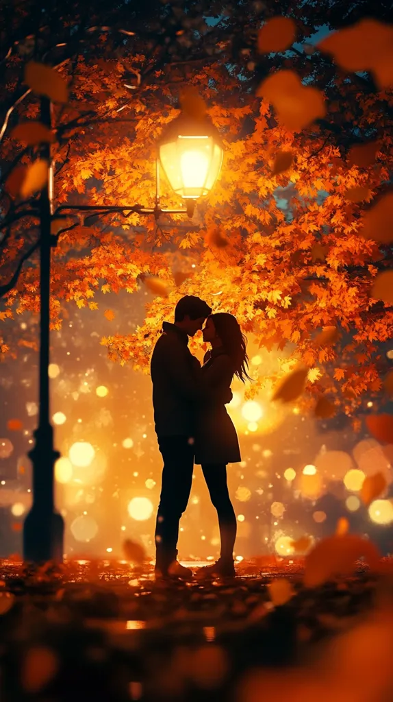 Here's a description of the image:

The image is a romantic autumnal scene. A silhouetted couple embraces under a tree ablaze with vibrant orange and red leaves. A warm, glowing streetlamp illuminates them, casting a soft light on the falling leaves around their feet.  The background is blurred, enhancing the focus on the couple, who are deeply intertwined.  The overall mood is one of intimacy, warmth, and the beauty of the autumn season.  The bokeh effect adds a dreamy, magical quality to the scene.