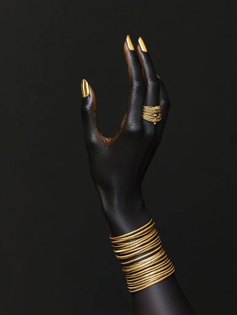 A dark-skinned hand, painted black, is elegantly posed against a black background.  Gold nail polish accents the fingertips, and the hand is adorned with a striking gold ring and numerous stacked gold bangles. The contrast between the dark skin and the gleaming gold jewelry creates a visually striking image of luxury and sophistication. The hand is slightly open, suggesting a gesture of offering or presentation.