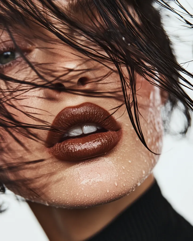 Close-up of a woman's face, her dark hair wet and falling across her features.  Her skin glistens with moisture, and she wears a rich, dark brown lipstick. The focus is on her lips and the texture of her skin, which appears dewy and slightly damp. Her expression is partially obscured by her hair. The overall aesthetic is sensual and slightly mysterious.