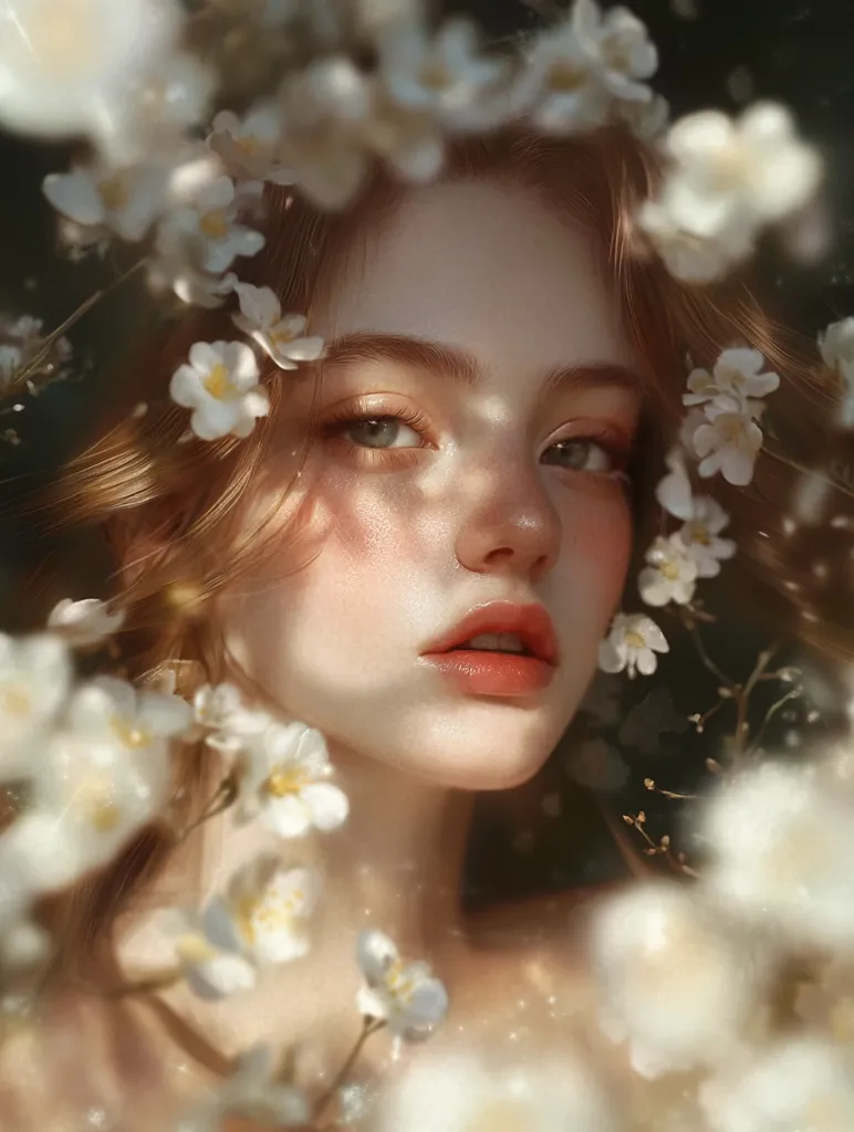 Here's a description of the image:

The image is a digital painting or rendering of a young woman with fair skin and long, light brown hair.  She is partially obscured by a profusion of delicate white blossoms, suggesting springtime or a blossoming garden. Sunlight filters through the flowers, casting soft shadows on her face, highlighting her features and creating a dreamy, ethereal quality.  Her expression is serene and gentle, and her lips are softly parted. The overall mood is romantic and peaceful, emphasizing natural beauty and soft lighting.