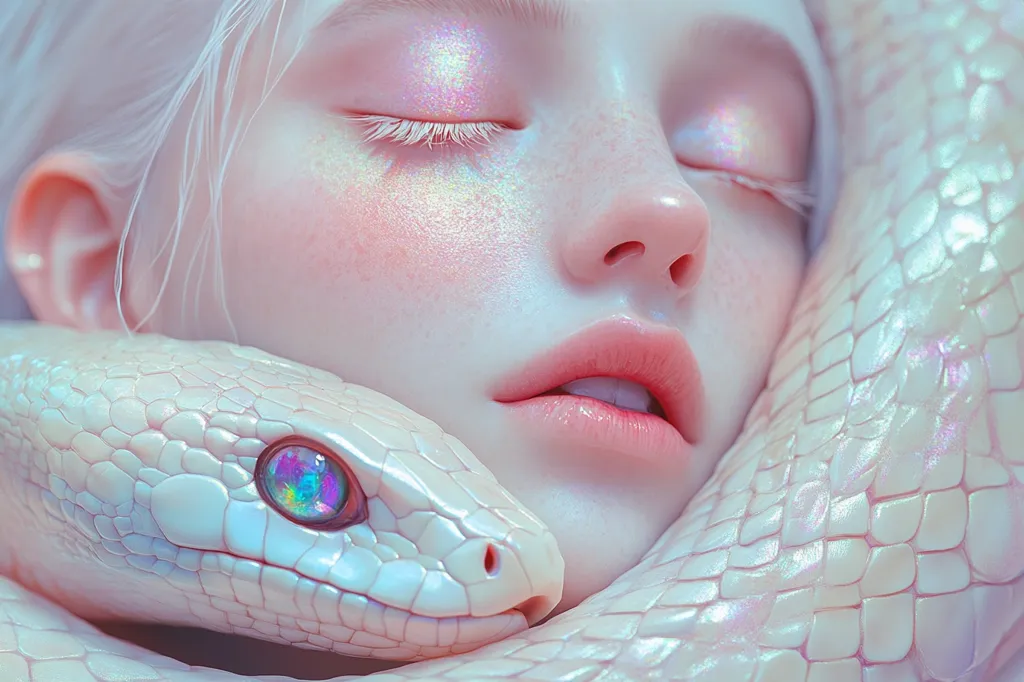 Here is a description of the image:

Close-up view of a digital painting or rendering depicting a young woman with pale skin, platinum blonde hair, and iridescent makeup. Her eyes are closed, and she appears serene.  A large, pearly white snake with iridescent scales is coiled around her neck and rests on her face, its eye also exhibiting an iridescent sheen.  The overall aesthetic is ethereal and dreamlike, with soft, pastel colors and a focus on smooth textures.  The image evokes a sense of tranquility and perhaps a mystical or fantastical element.