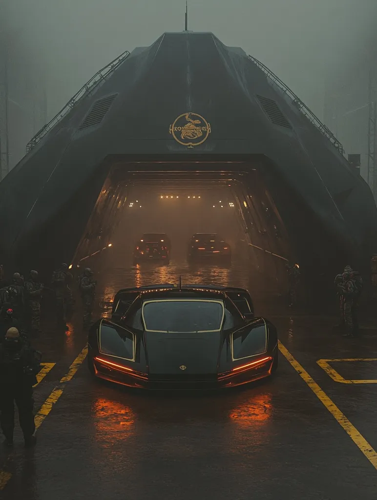 A sleek, black futuristic car with glowing orange lights emerges from a large, dark hangar-like structure.  The building is marked with a gold emblem, and guards in dark uniforms stand on either side.  A foggy, atmospheric setting adds to the dystopian or cyberpunk feel.  Two other vehicles are visible further inside the hangar, adding depth to the scene.  The overall mood is one of mystery and advanced technology.