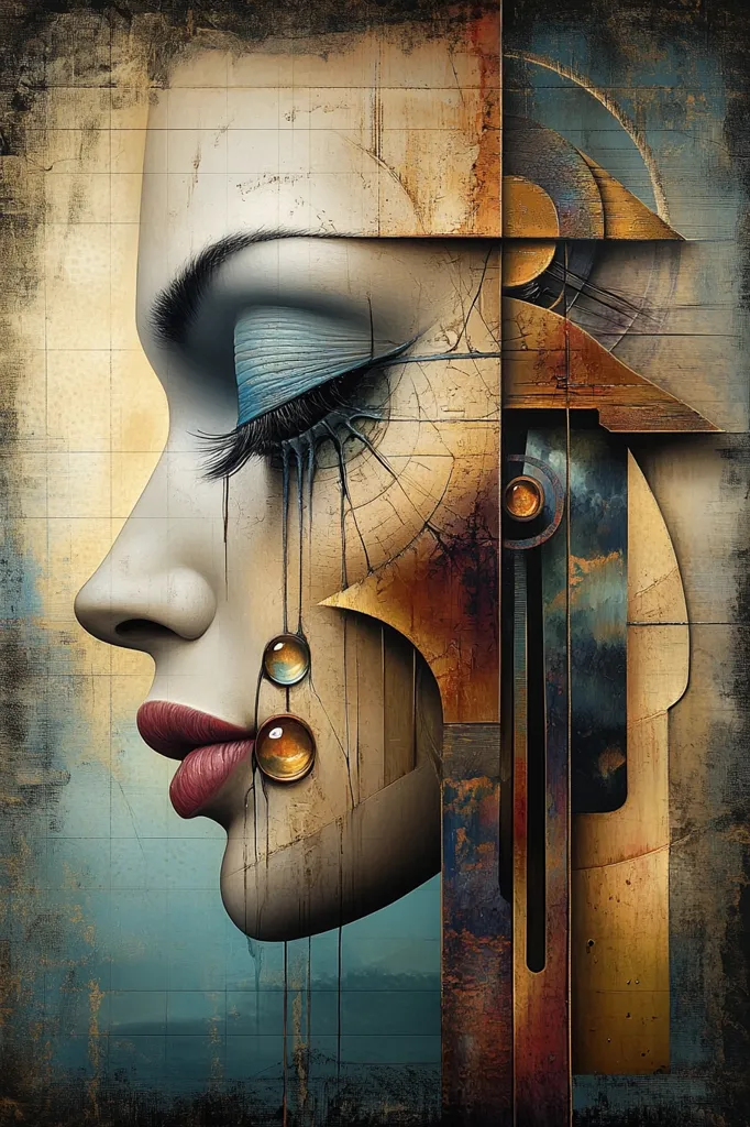 Here's a description of the image:

The artwork presents a stylized female face in profile, rendered in a surreal, almost mechanical style.  Her eye is accentuated with striking blue eyeshadow, and tears, depicted as glowing amber orbs, stream down her cheek. The face is partly integrated with geometric, rusty metal structures, suggesting a fusion of organic and industrial elements. The background is a textured, muted palette of browns, blues, and grays, adding to the piece's melancholic atmosphere. The overall effect is a blend of beauty and decay, emotion and machinery, creating a compelling visual narrative.