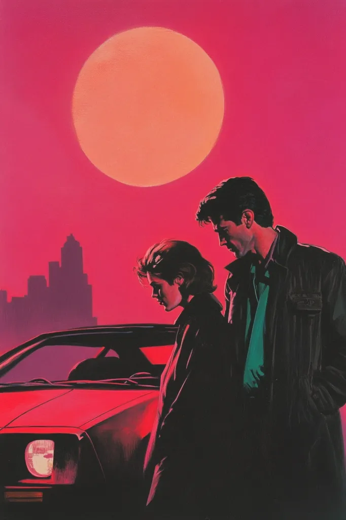 Here's a description of the image:

The artwork is a stylized depiction of a romantic couple, silhouetted against a vibrant pink-red sunset backdrop. A large, peach-colored sun dominates the upper portion of the scene. The couple stands next to a sleek, red sports car, parked in front of a distant city skyline. The man, with dark hair, is slightly taller and stands protectively near the woman. Their poses convey a sense of quiet intimacy and perhaps a hint of mystery. The overall aesthetic is reminiscent of 80s synthwave or retro-futuristic styles, with bold color contrasts and sharp lines defining the figures and objects.