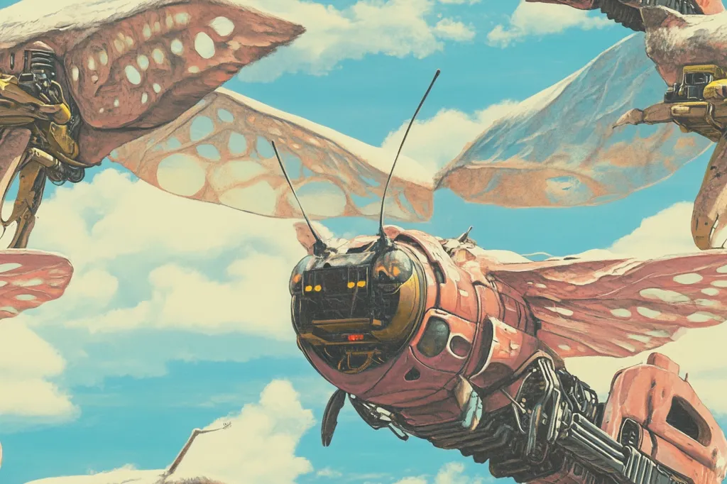 The image is a vibrant, stylized illustration of bio-mechanical flying vehicles.  They resemble large insects, with pastel-pink, spotted wings and a complex, steampunk-inspired body. The vehicles are shown in flight against a bright blue sky dotted with fluffy white clouds. The style suggests a blend of fantasy and science fiction, with a focus on intricate detailing and a warm color palette.  Multiple vehicles are depicted, creating a sense of movement and a dynamic composition.