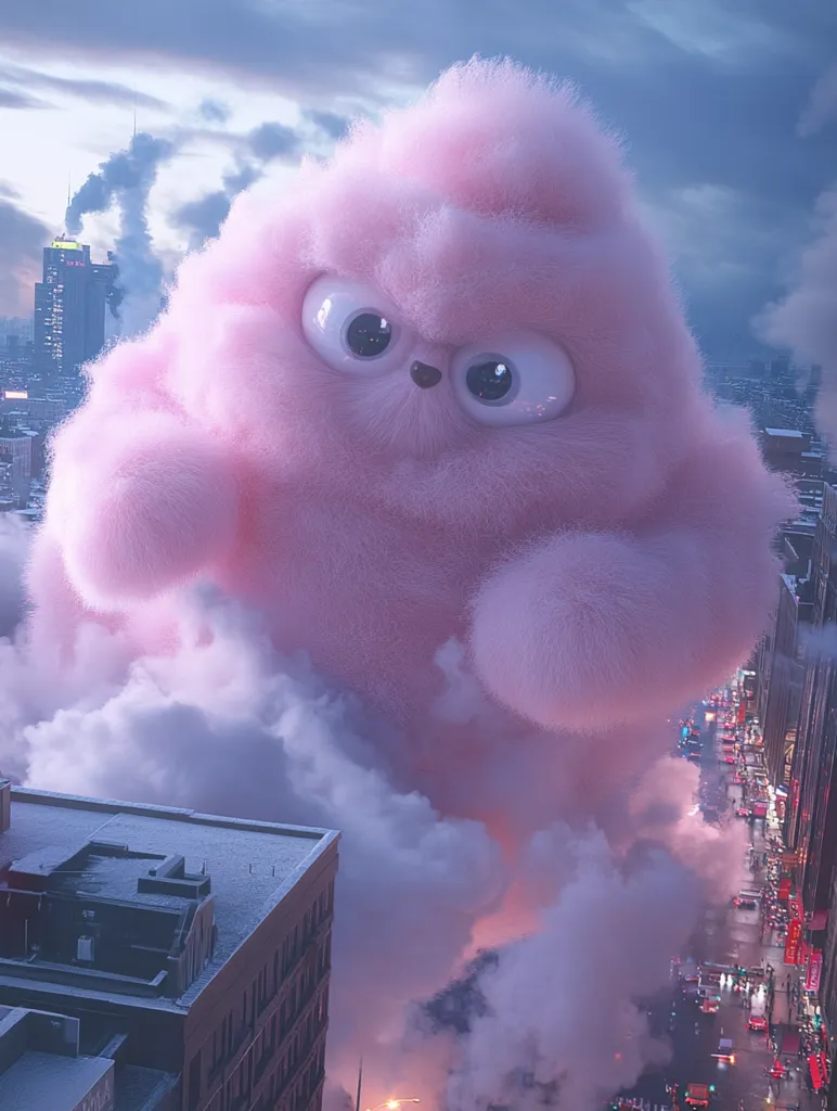 A giant, fluffy pink creature, resembling a cross between a cloud and a plush toy, looms over a city.  Its large, expressive eyes convey a slightly grumpy expression.  Steam or clouds swirl around its base, obscuring the lower city streets.  Buildings are dusted with snow, suggesting a cold or twilight setting. The overall aesthetic is surreal and whimsical, blending elements of fantasy and urban environments.