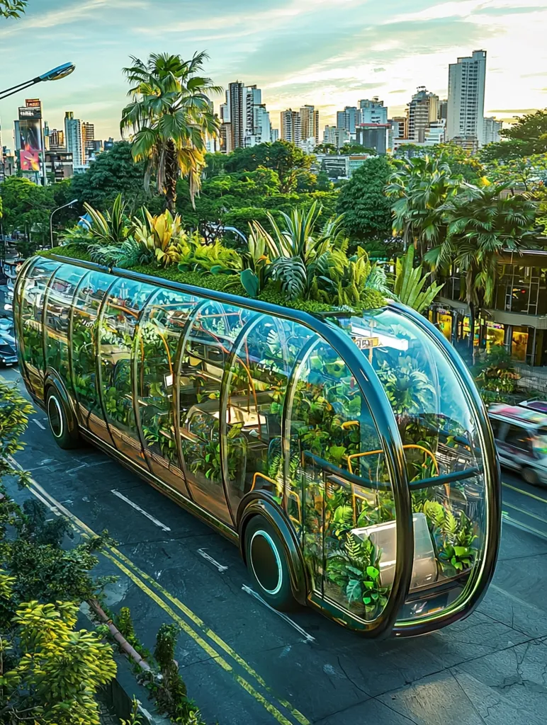 A futuristic, eco-friendly bus is shown traversing a city street.  Its sleek, dark exterior is partially encased in transparent panels, showcasing an interior filled with lush, vibrant plants.  A living roof further enhances its green design. The bus moves through a cityscape backdrop of modern buildings and tropical vegetation, suggesting a harmonious blend of urban and natural environments. The overall aesthetic emphasizes sustainability and a futuristic approach to public transportation.