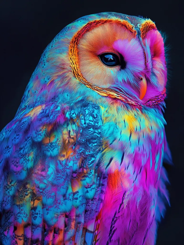 Here is a description of the image:

The image shows a vibrant, iridescent owl, seemingly digitally enhanced.  Its plumage is a breathtaking array of blues, purples, pinks, oranges, and yellows, creating a surreal and almost otherworldly effect. The owl's face is clearly visible, with a dark, expressive eye. The feathers appear soft and detailed, with a textured quality that contrasts with the smooth, flowing colors. The background is a deep, dark black which emphasizes the owl's striking colors. The overall impression is one of vibrant fantasy and artistic manipulation of nature.